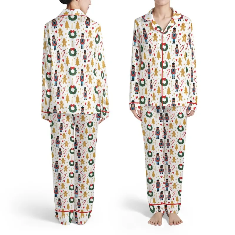 Nutcracker Gingerbread Wreath Christmas Repeating Pattern: Candy Cane Candle Golden Tree Satin Pajamas Set - 1