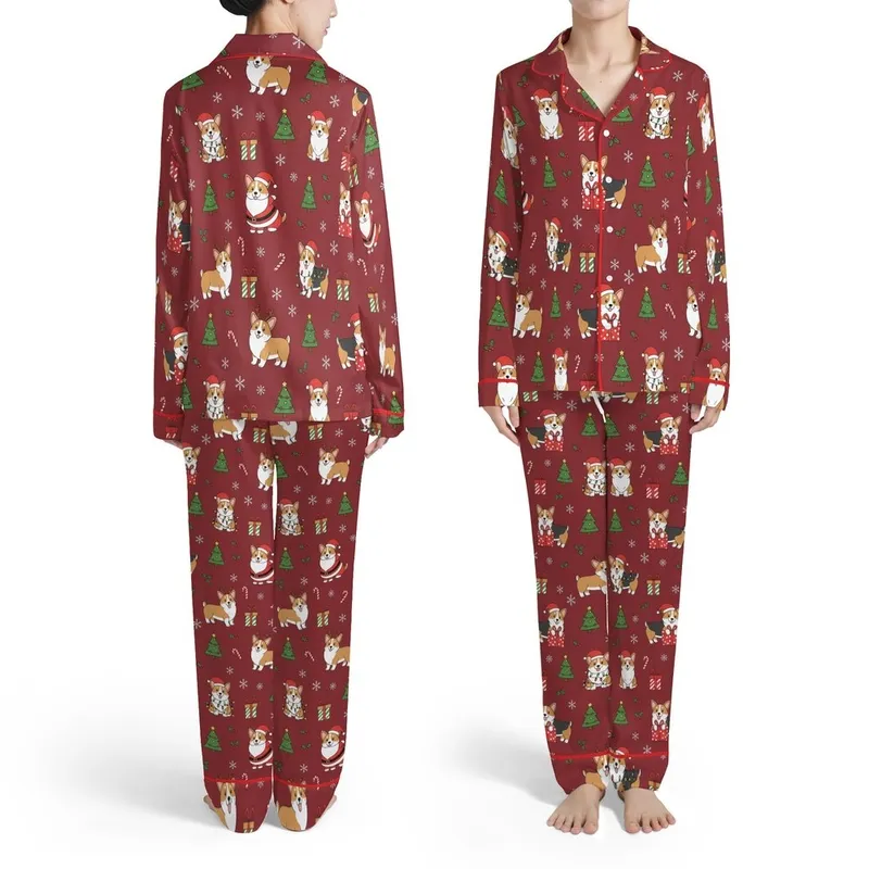 Corgi Dogs Santa Hat Antler Gift Box Christmas Tree Snowflake Candy Cane Maroon Pattern Satin Pajamas Set - 1