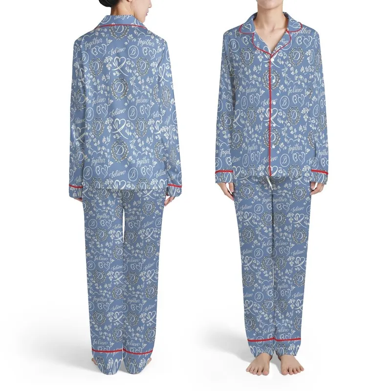 Monogram B Heart D Laurel Wreath Calligraphic Script Floral Seamless Dusty Blue White Satin Pajamas Set - 1