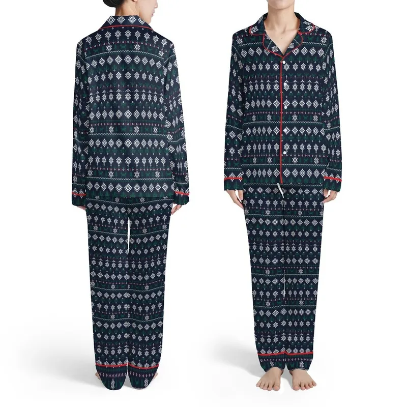 Traditional Fair Isle Intricate Bands Snowflake Diamond Evergreen Reindeer Nordic Pattern Satin Pajamas Set - 1