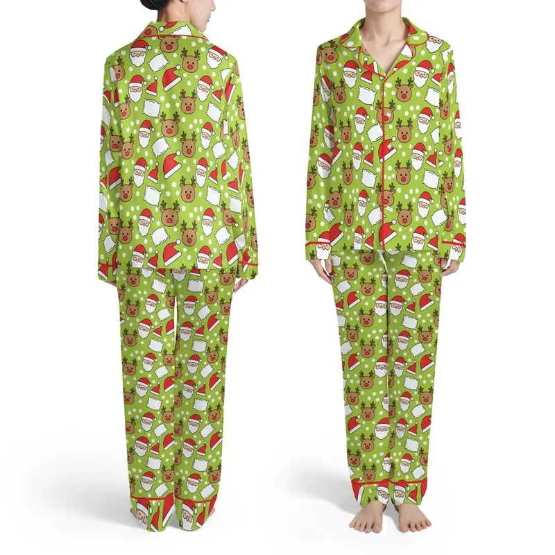 Christmas Lime Green Santa Claus Bear Reindeer Antlers Polka Dot All-Over Design Satin Pajamas Set - 1