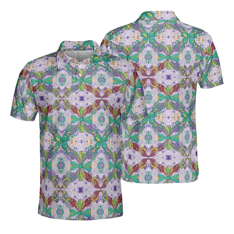 Mardi Gras Lavender Field: Crawfish Jester Hat Beaded Necklace Fabric Design Men's Polo Shirt (Lightweight) - 1