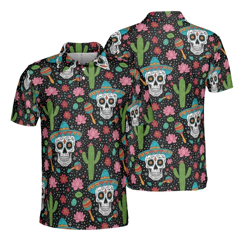 Decorated Sugar Skull Sombrero Saguaro Prickly Pear Maraca Lotus Star Flower Mosaic Polo Men's Polo Shirt (Lightweight) - 2C3hs-NVEu