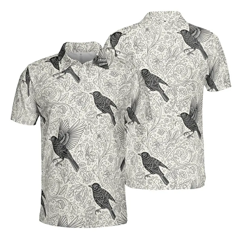 Blackbird Botanical Engraving Pattern: Fine Foliage & Berries Cream Sporty Design Men's Polo Shirt (Lightweight) - iYUv-y9exk