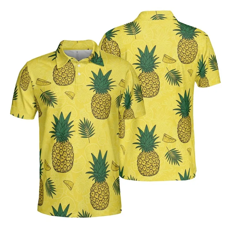 Sporty Golden Pineapple & Palm Leaf Mosaic | Dark Green Yellow Outline Textile Pattern Men's Polo Shirt (Lightweight) - 1