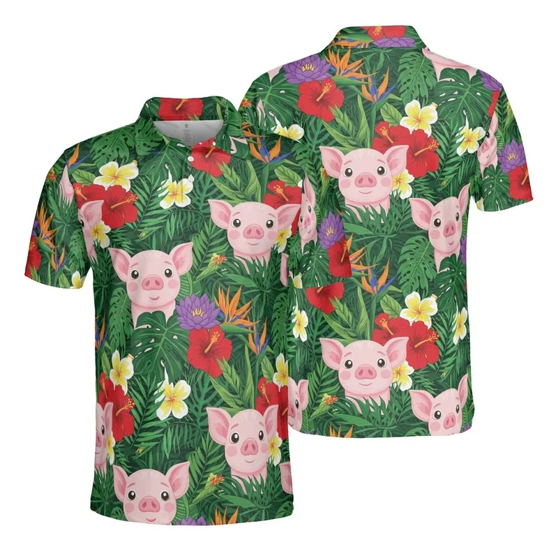 Tropical Pig Lover Seamless Light Pink Baby Pigs Flower Foliage Polo Pattern Men's Polo Shirt (Lightweight) - 1