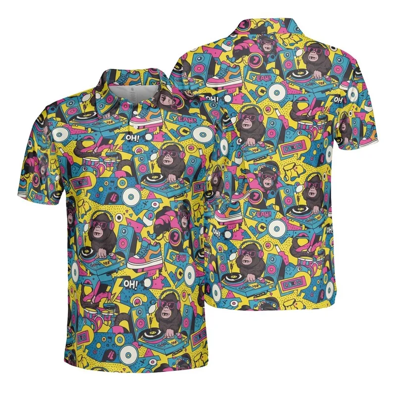 Urban DJ Gorillas, 80s 90s Music Scene, Geometric Mosaic Sporty Sublimation Print Men's Polo Shirt (Lightweight) - 1