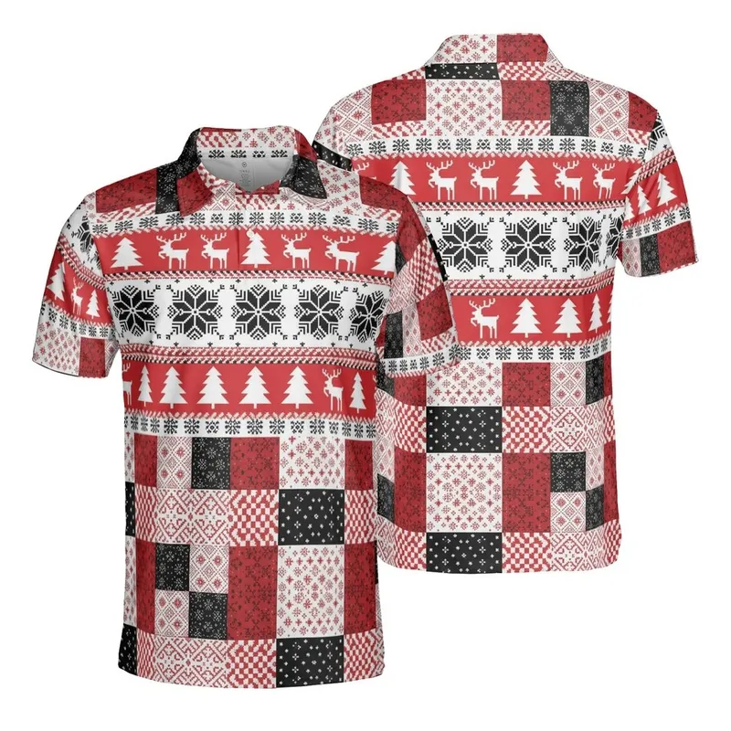 Red White Black Reindeer Starburst Snowflakes Sporty Geometric Mosaic Tile Design Men's Polo Shirt (Lightweight) - 1