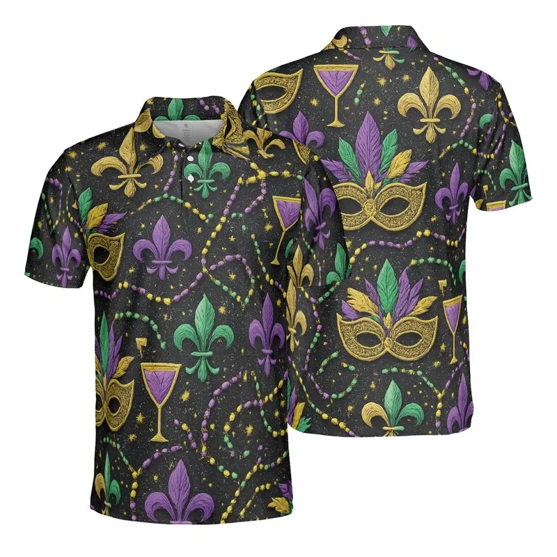 Mardi Gras Masks, Purple Cocktails, Fleur-de-Lis, Gold Green Beads Sublimation Pattern Men's Polo Shirt (Lightweight) - 1