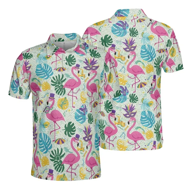 Pink Flamingo Mardi Gras Mask Saxophone Swirling Foliage Confetti Dot Fabric Print Men's Polo Shirt (Lightweight) - 1
