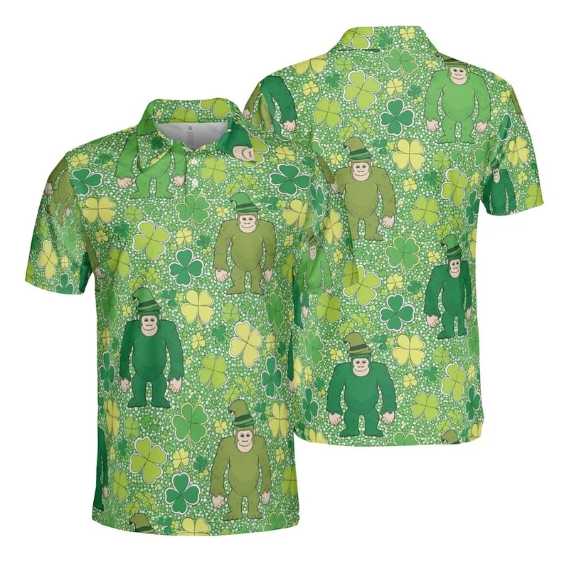 Stylized Bigfoot Leprechaun Hat Three-Leaf Four-Leaf Clover Stippled Active Top Men's Polo Shirt (Lightweight) - 1