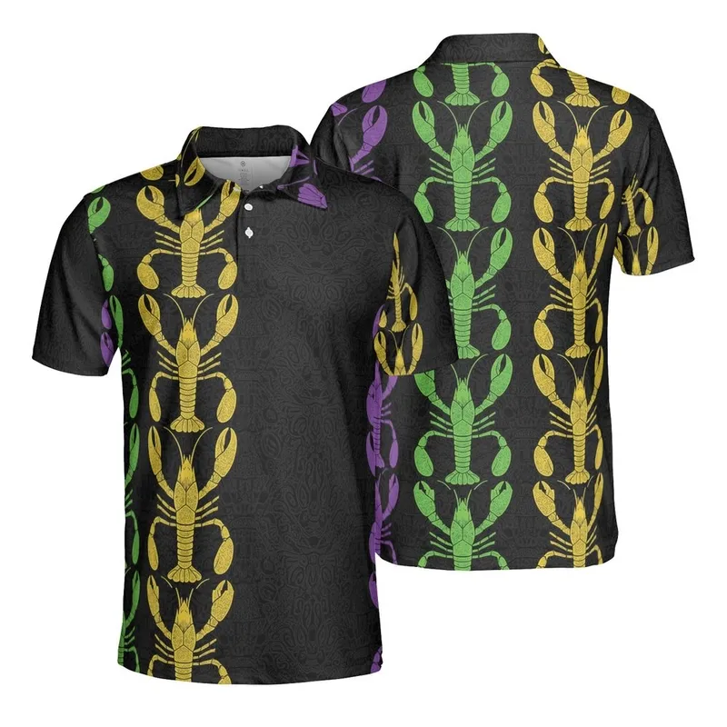 Crayfish Motif Repeating Vertical Columns Multi-Color Etched Detailed Aquatic Pattern Men's Polo Shirt (Lightweight) - 1