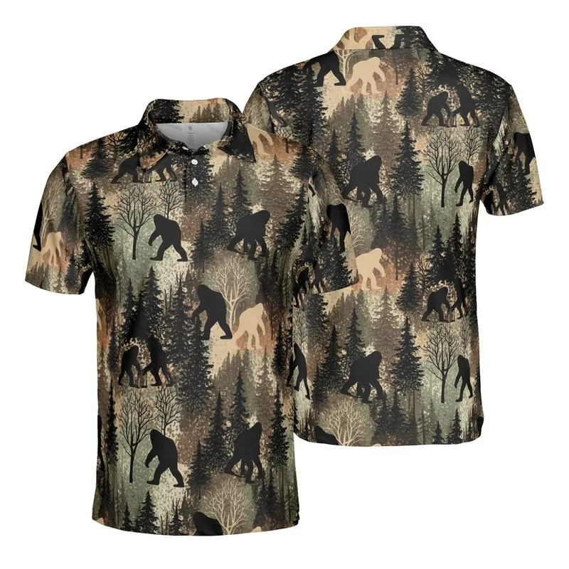 Sasquatch Woodland Black Pine Deciduous Forest Landscape Sepia Tan Olive Orange Textile Men's Polo Shirt (Lightweight) - 1