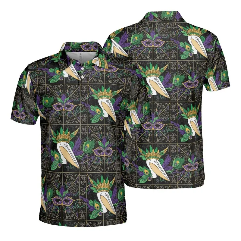 Mardi Gras Pelican Crown, Fleur-de-Lis & Feathered Hat Design: Gold Mosaic Accents Men's Polo Shirt (Lightweight) - 1
