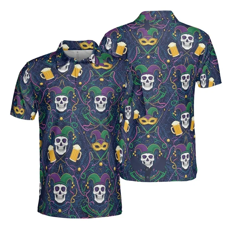 Skull Jester Hat Masquerade Beer Mug Purple Green Gold Ribbon Sphere Textile Pattern Men's Polo Shirt (Lightweight) - 1