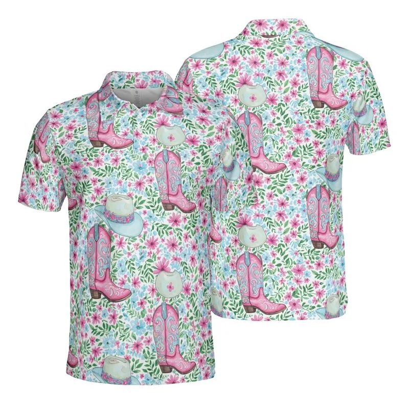 Western Floral Pattern: Pink Blue Boots Hats Daisy Seamless Full Coverage Print Men's Polo Shirt (Lightweight) - 1