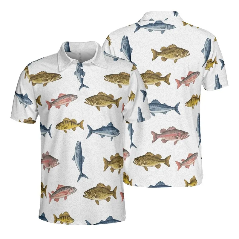 Angler's Game Fish Polo: Bass Perch Mackerel Trout White Water Currents Men's Polo Shirt (Lightweight) - 1