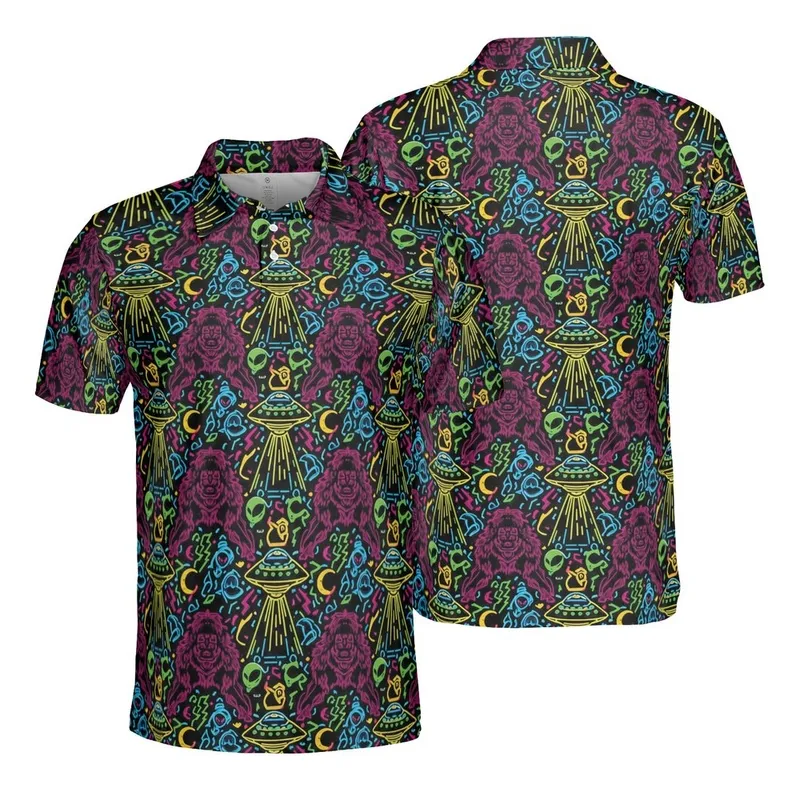 Bigfoot Grey Alien UFO Neon Black Canvas Polo with Lightning Moons Men's Polo Shirt (Lightweight) - 1