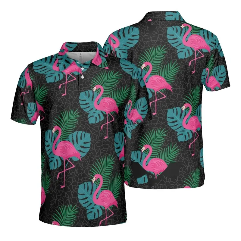 Pink Flamingo Poses Monstera Leaf Palm Frond Black Mosaic Polo Fabric Men's Polo Shirt (Lightweight) - 1