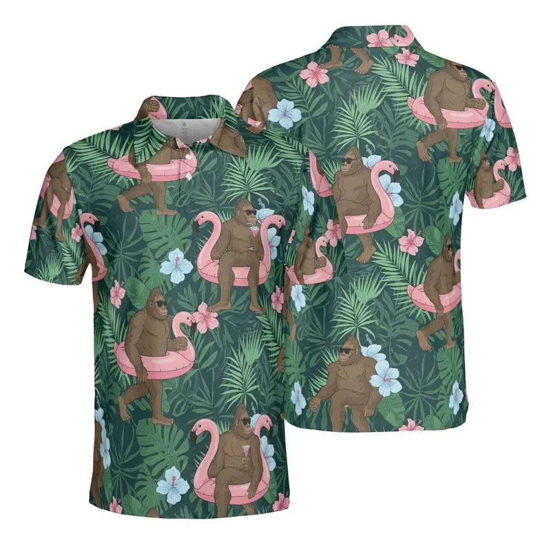 Bigfoot Flamingo Pool Float Sunglasses Pink Drink Tropical Foliage Sportswear Men's Polo Shirt (Lightweight) - 1