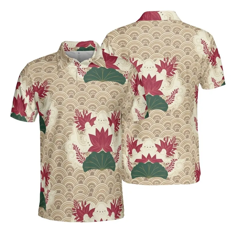 Deep Red Lotus Pointed Leaf Cream Cloud Dark Fern Beige Wave Arc Mosaic Fabric Print Men's Polo Shirt (Lightweight) - 1