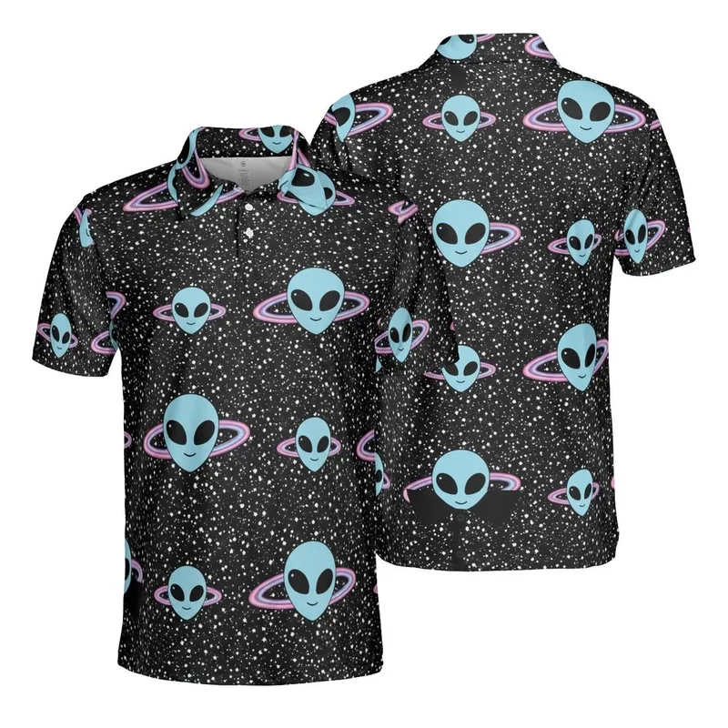 Light Blue Alien Heads Purple Ringed Planets White Star Mosaic Sporty Textile Graphic Men's Polo Shirt (Lightweight) - 1