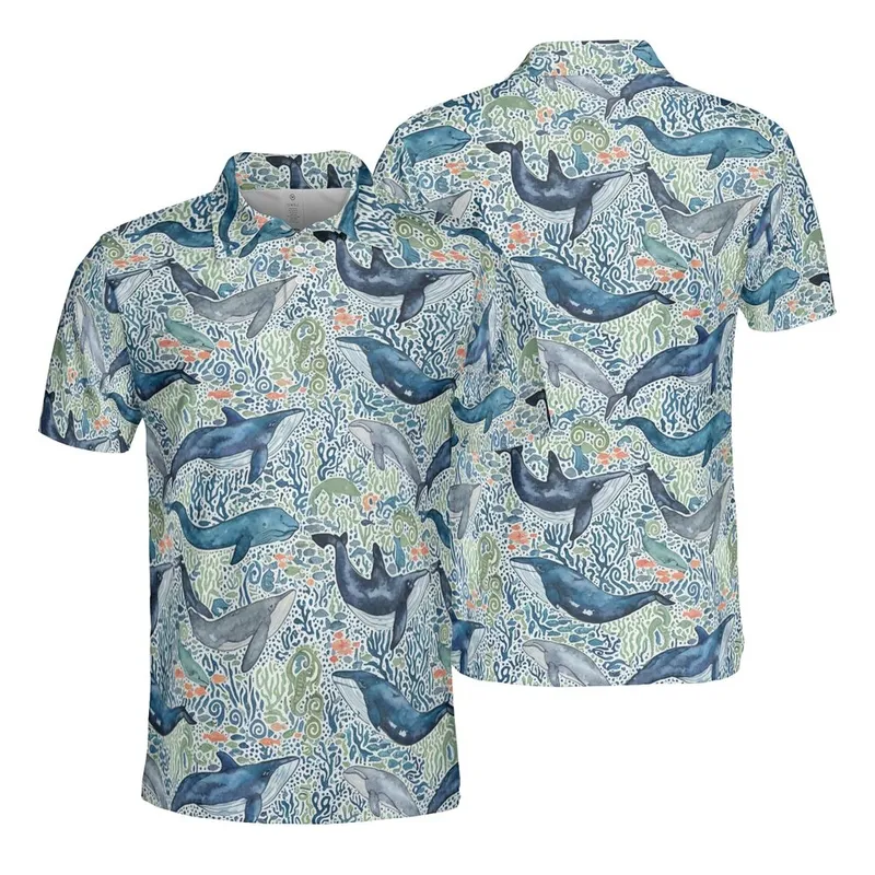 Humpback Orca Sperm Blue Whale Watercolor Aquatic Plant Mosaic Fabric Print in Teal Grey Beige Men's Polo Shirt (Lightweight) - 1