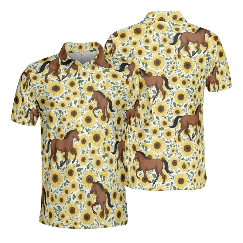 Equestrian Brown Trotting Horses Golden Sunflowers Intricate White Mosaic Fabric Print Men's Polo Shirt (Lightweight) - 1
