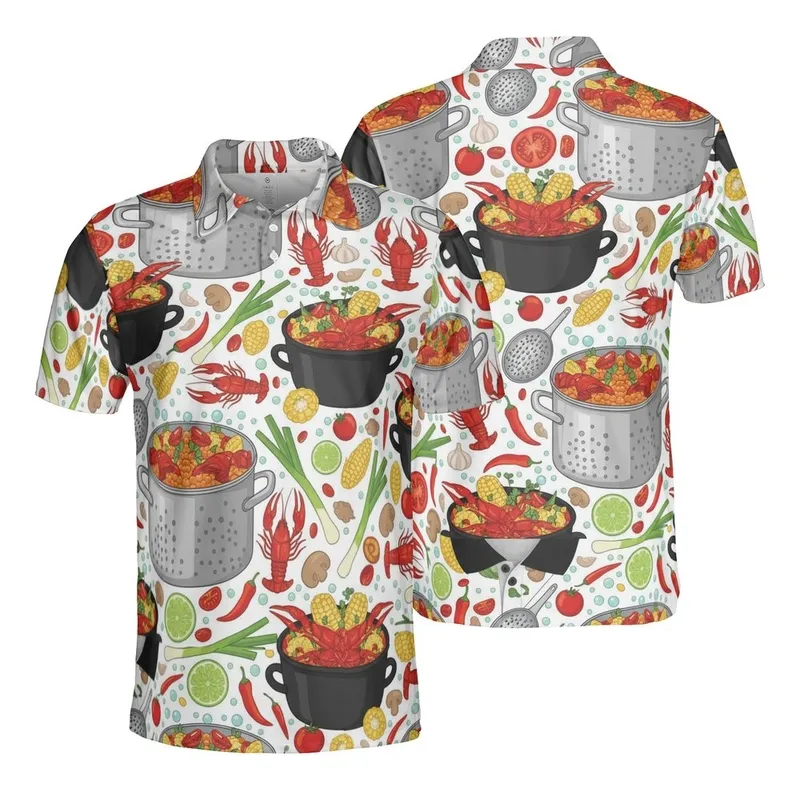 Boiling Crawfish Pots Seafood Chili Corn Lime Garlic Leek Mosaic Polo Fabric Design Men's Polo Shirt (Lightweight) - 1