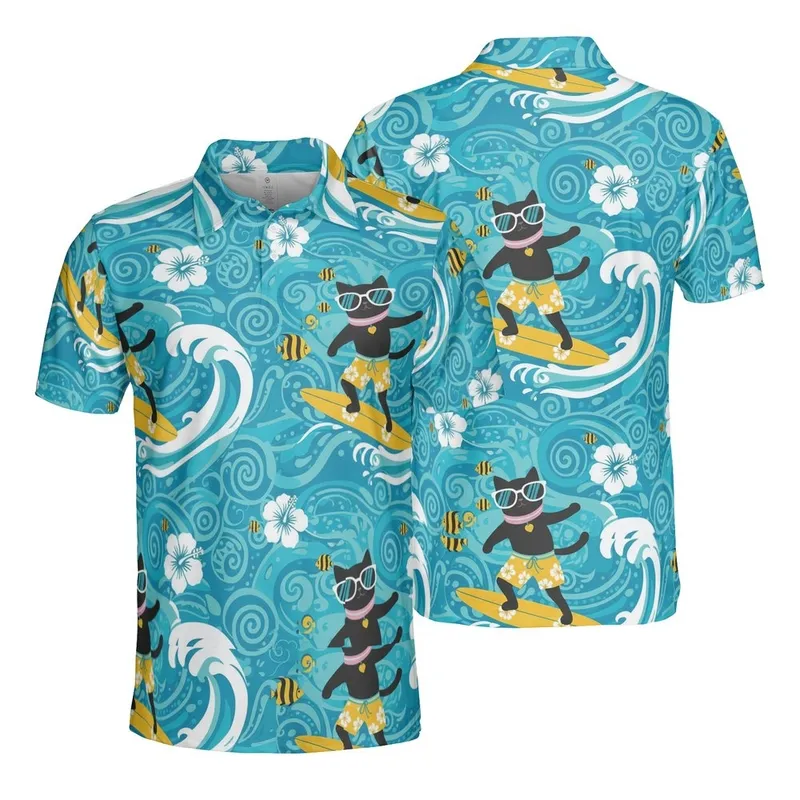 Surfing Black Cat & Ocean Wave Pattern with Hibiscus Flowers, Tropical Fish Men's Polo Shirt (Lightweight) - 1