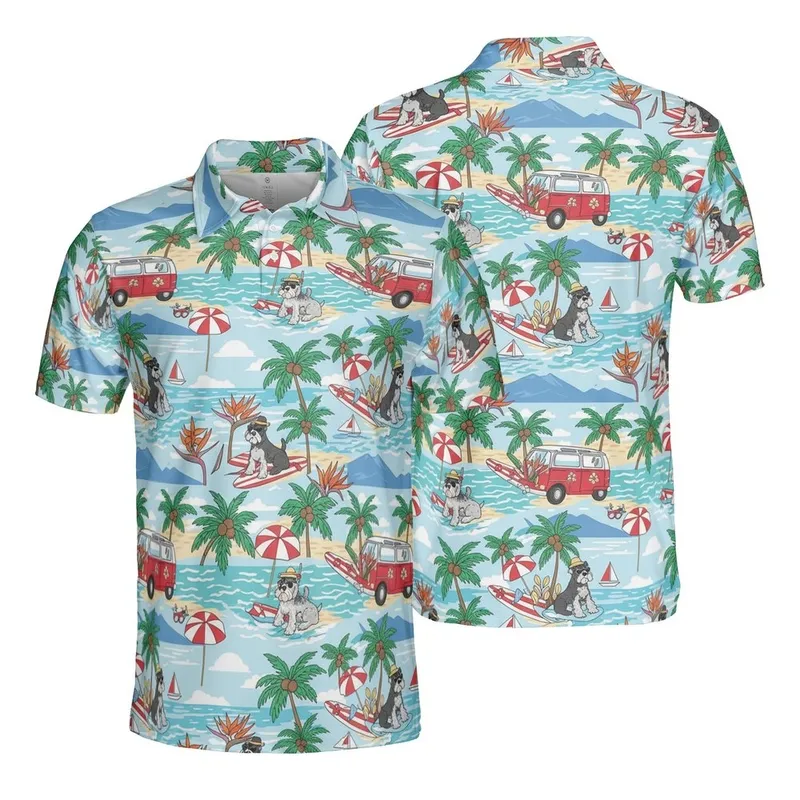 Schnauzer Dogs Tropical Beach Surf Van Umbrellas Palm Trees Sailboats Design Men's Polo Shirt (Lightweight) - 1
