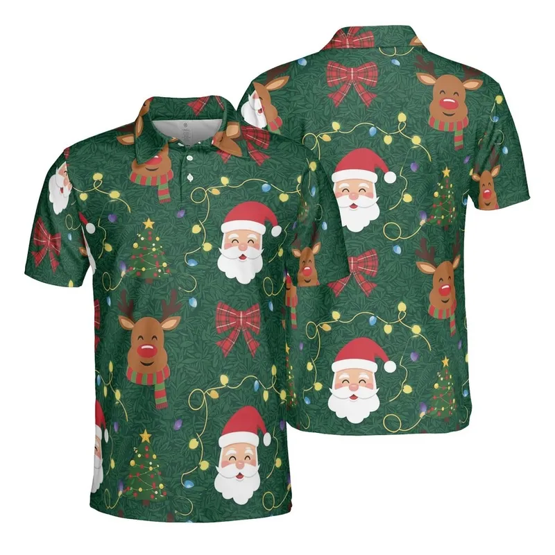 Santa Claus Reindeer Christmas Tree Red Plaid Bows Colorful Lights Textile Print Men's Polo Shirt (Lightweight) - 3UKDkUq8si