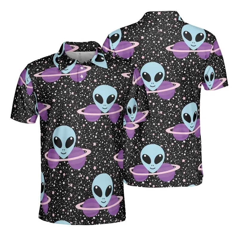 Alien Planet Light Blue Alien Heads Purple Planets Detailed Galaxy Edge-to-Edge Polo Men's Polo Shirt (Lightweight) - sPwSZ0Oy_w