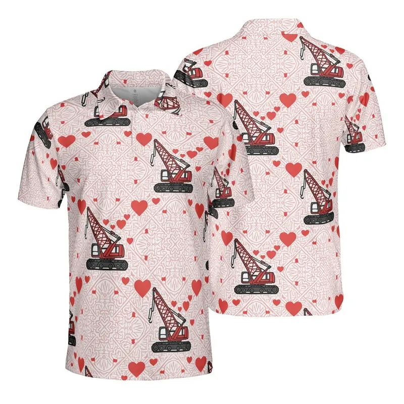 Red Crawler Crane & Heart Mosaic: Sporty Heavy Equipment Vector Fabric Design Men's Polo Shirt (Lightweight) - 1UJ9XDCPMA