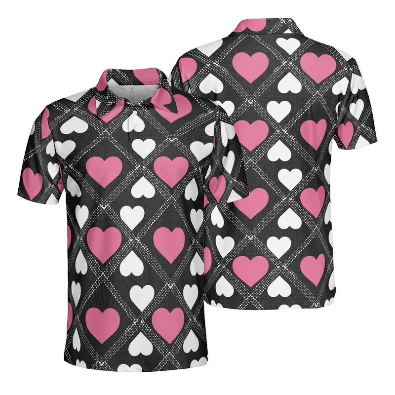 High Contrast Staggered Heart Grid Deep Black Pink White Tiny Dots Seamless Pattern Men's Polo Shirt (Lightweight) - 1