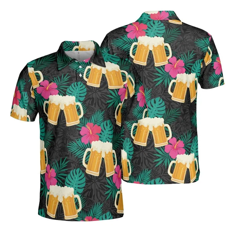 Golden Beer Steins Froth Tropical Hibiscus Palm Leaf Dark High Contrast Design Men's Polo Shirt (Lightweight) - Y8Se_GBTop