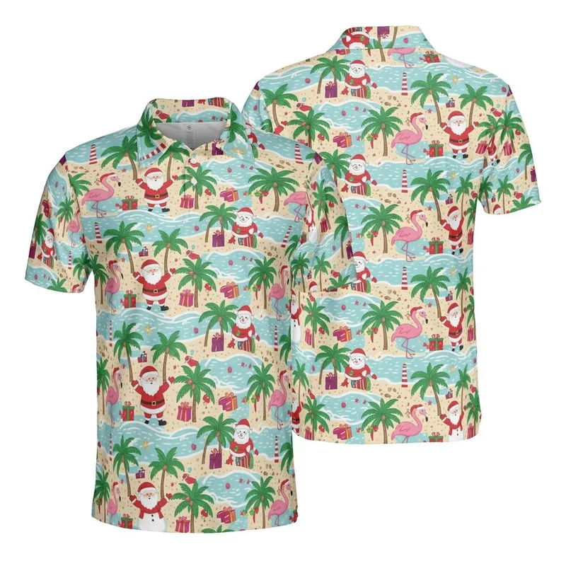 Santa Snowman Flamingo Polo: Tropical Beach Ocean Christmas High Contrast Scene Men's Polo Shirt (Lightweight) - khhof_DCeL