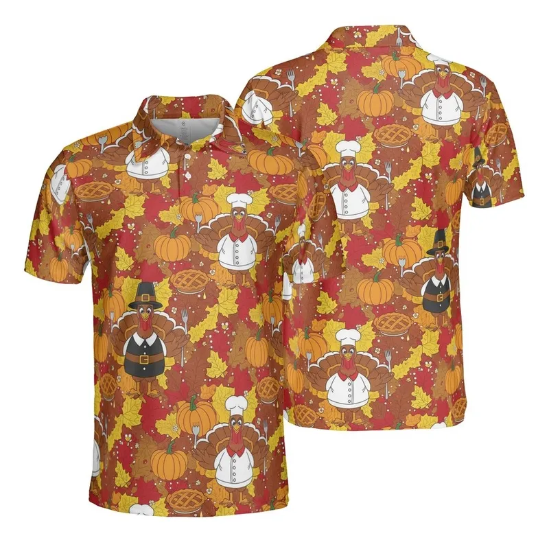 Thanksgiving Chef Pilgrim Turkey Pie Design, Autumn Maple Oak Leaves Sporty Print Men's Polo Shirt (Lightweight) - 1