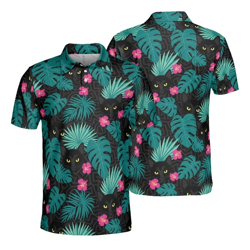 Seamless Edge-to-Edge Black Cat Golden Eye Tropical Leaf Hibiscus Fabric Print Teal Aqua Pink Men's Polo Shirt (Lightweight) - 1