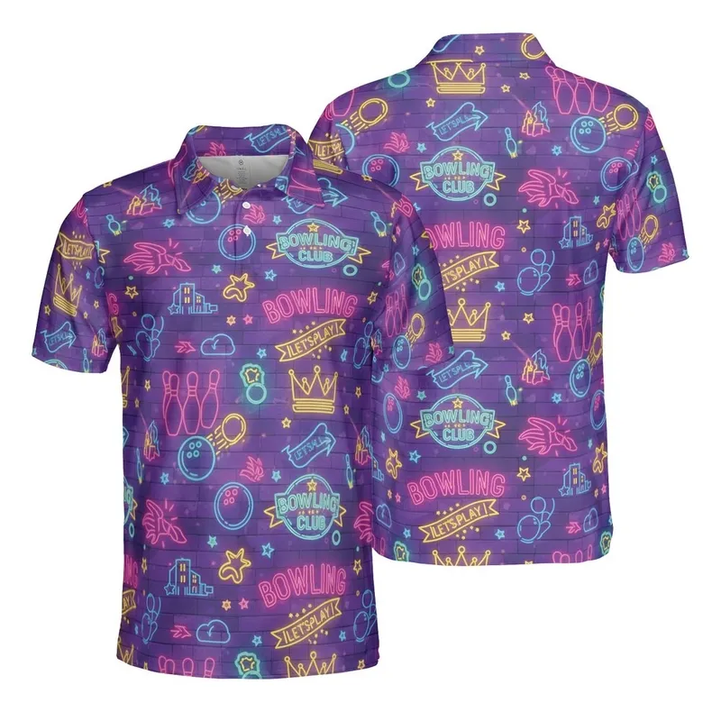 Bowling League Player Neon Pins Balls Club Text Purple Brick Wall Pattern Men's Polo Shirt (Lightweight) - 9Xmhe6CiE_