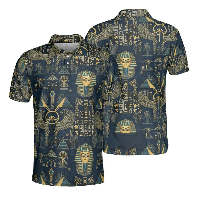Ancient Egypt Relic Pattern: Tutankhamun Eye of Horus Sphinx Hieroglyphs Navy Gold Men's Polo Shirt (Lightweight) - 1