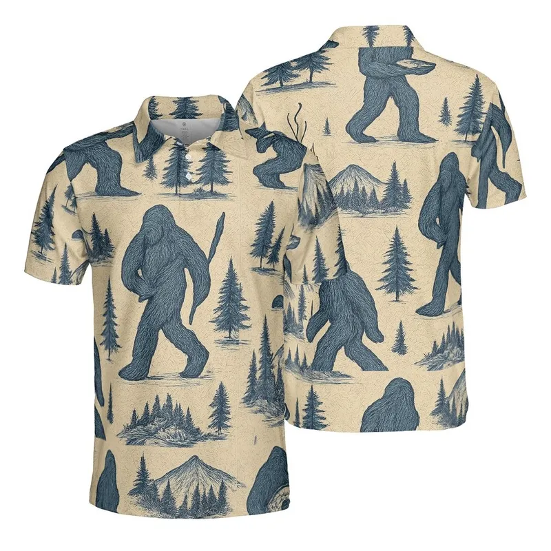 Sasquatch Forest Mountain Evergreen Hunt Feast Tan Dark Blue Indigo Art Men's Polo Shirt (Lightweight) - 1
