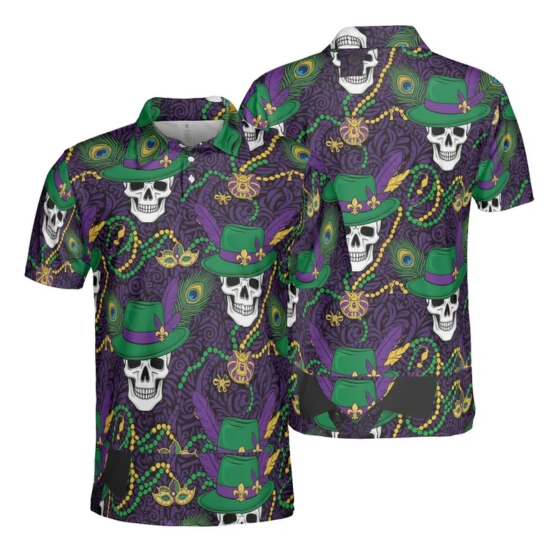 White Skull Green Fedora Gold Fleur-de-lis Peacock Feather Mardi Gras Bead Fabric Pattern Men's Polo Shirt (Lightweight) - 1