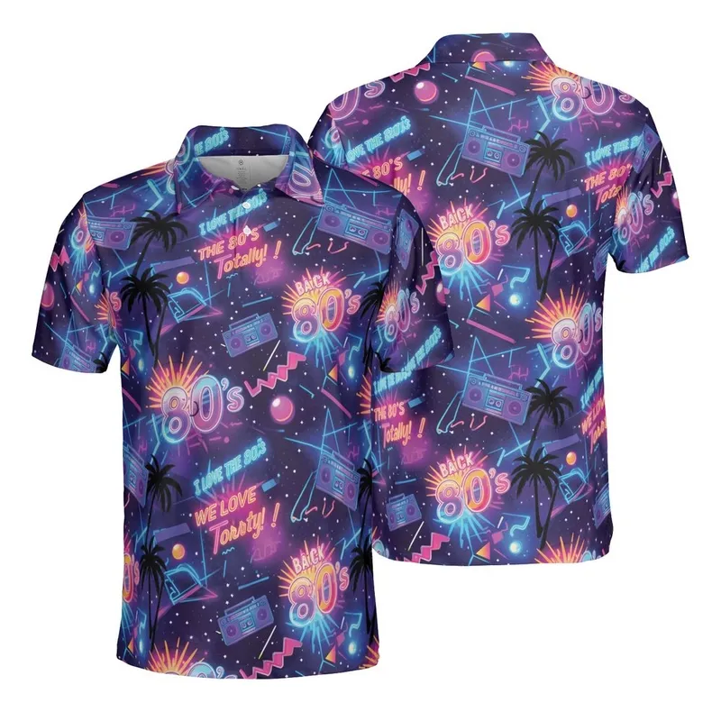 80s Fan Chrome Neon Text Gradients, Palm Boombox Starry Wireframe Nebula Textile Print Men's Polo Shirt (Lightweight) - 1