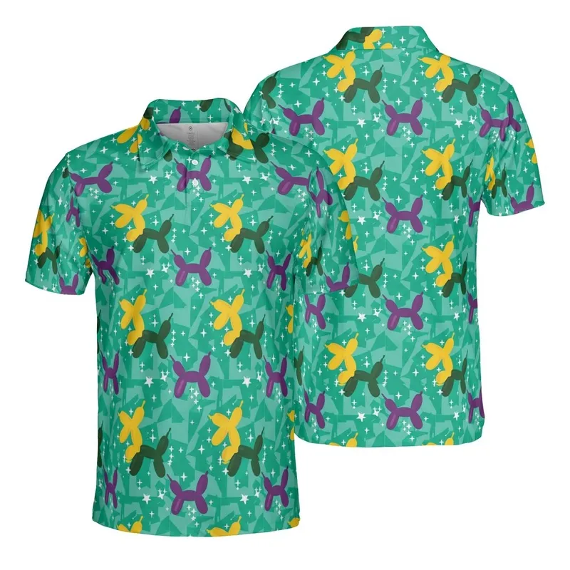 Seamless Balloon Animal Dog Purple Yellow Dark Green Pattern, Teal Sparkling Star Fabric Design Men's Polo Shirt (Lightweight) - X2zTFbbiEm