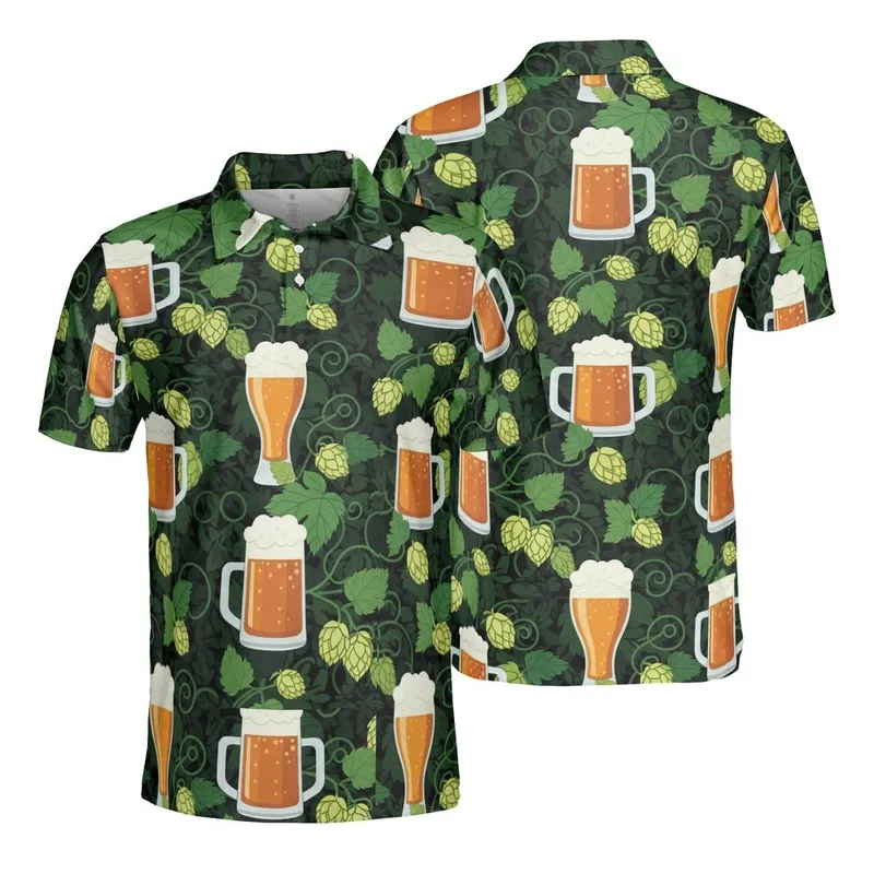 Beer Enthusiast Frothy Amber Mugs Hop Vine Forest Foliage High Contrast Men's Polo Shirt (Lightweight) - 1