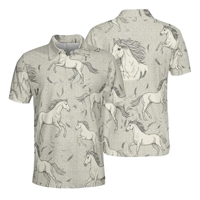 Equestrian Horse Poses Off-White Black Charcoal Wheat Stalks Grains Fabric Motif Men's Polo Shirt (Lightweight) - 1