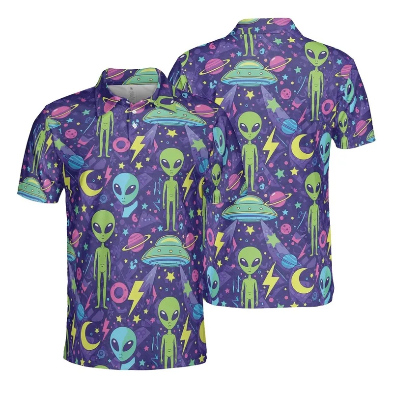 Cosmic Fan Neon Green Purple Blue Pink Yellow Alien Saucer Planet Star Lightning Design Men's Polo Shirt (Lightweight) - 1