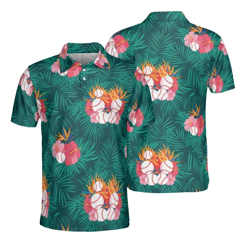Baseball Enthusiast Flaming Baseball Glowing Streak Hibiscus Palm Frond Mosaic Design Men's Polo Shirt (Lightweight) - 1