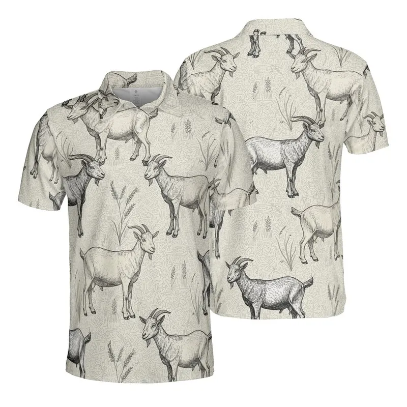 Sporty Goat Fancier: Etching Domestic Goats, Wheat & Grass Sublimation Print Men's Polo Shirt (Lightweight) - 1